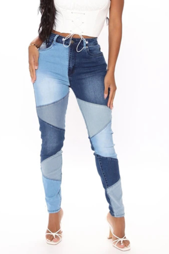 Blue Casual Color Block Split Joint Mid Waist Skinny Denim Jeans