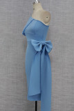 Azul cielo elegante patchwork liso con lazo cuello oblicuo falda lápiz vestidos