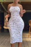 White Sexy Print Split Joint Spaghetti Strap Pencil Skirt Dresses
