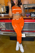Оранжевая повседневная спортивная одежда с буквенным принтом Жилеты Брюки с круглым вырезом Без рукавов Две части