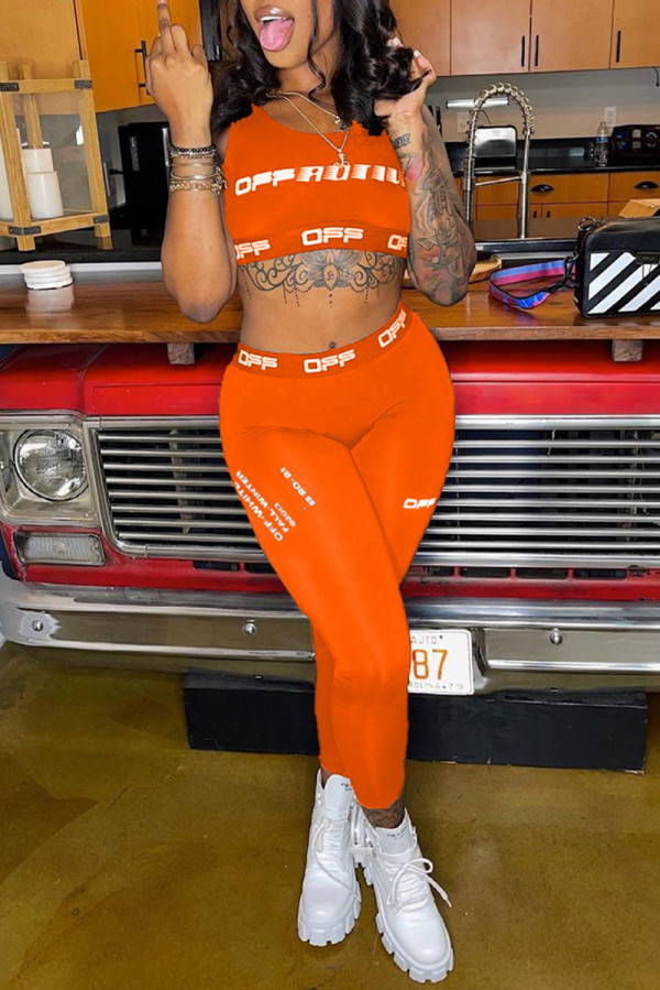 Ropa deportiva informal naranja Chalecos con estampado de letras Pantalones O Cuello Sin mangas Dos piezas
