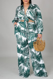 Cardigan con fasciatura stampa casual alla moda verde Colletto rovesciato Plus Size due pezzi