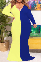 Синий Повседневный Лоскутный принт Лоскутное платье с V-образным вырезом Раструб Русалка Большие размеры Платья