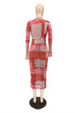 Rote Mode Sexy Print Basic V-Ausschnitt Langarm-Kleid