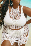 White Sexy Solid Hollowed Out See-through Backless Spaghetti Strap Plus Size Swimwear