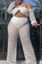 White Sexy Solid Hollowed Out Patchwork See-through Mesh Halter Plus Size Two Pieces