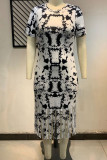 White Casual Print Tassel Patchwork O Neck Straight Plus Size Dresses