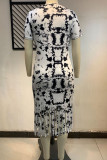 White Casual Print Tassel Patchwork O Neck Straight Plus Size Dresses