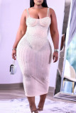 Белое модное сексуальное прозрачное платье на тонких бретельках с горячим бурением