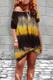 Yellow Red Casual Print Tie Dye Patchwork O Neck Straight Dresses
