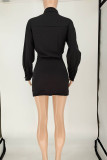 Black Sexy Solid Bandage Patchwork Buckle Turndown Collar Long Sleeve Two Pieces