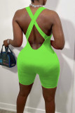 Fluorescent Green Casual Solid Patchwork U Neck Skinny Rompers