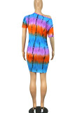Gul Brun Casual Print Tie Dye Patchwork O-hals raka klänningar
