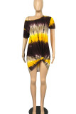 Yellow Brown Casual Print Tie Dye Patchwork O Neck Straight Dresses