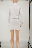 White Sexy Solid Bandage Patchwork Buckle Turndown Collar Long Sleeve Two Pieces