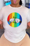 Camisetas con cuello en V de patchwork con estampado casual blanco