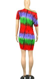 Gul Brun Casual Print Tie Dye Patchwork O-hals raka klänningar