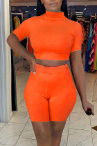 Tangerine Casual Solid Split Joint Half A Turtleneck Short Sleeve Two Pieces