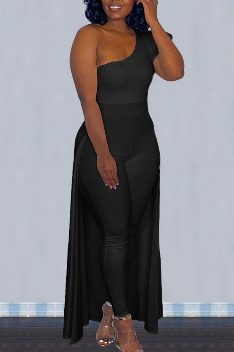 

Black Casual Solid Patchwork Asymmetrical Oblique Collar Skinny Jumpsuits