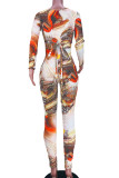 Orange Sexy Print ausgehöhlter Patchwork-Frenulum-Skinny-Jumpsuit mit V-Ausschnitt