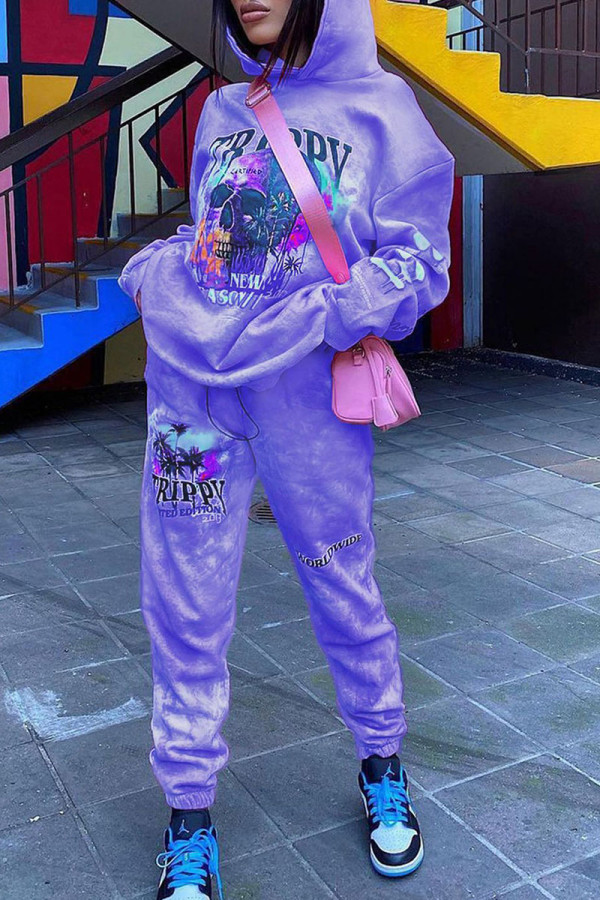 Пурпурный уличный принт Пэчворк Воротник с капюшоном Длинный рукав Из двух частей