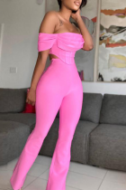 Розовый сексуальный однотонный лоскутный комплект из двух предметов с открытыми плечами и короткими рукавами