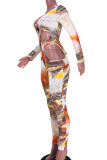 Oranje sexy print uitgeholde patchwork frenulum skinny jumpsuits met V-hals