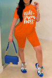 オレンジファッションカジュアルレタープリントベーシックOネック半袖ツーピース