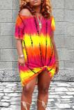 Red Green Casual Print Tie Dye Patchwork O Neck Straight Dresses