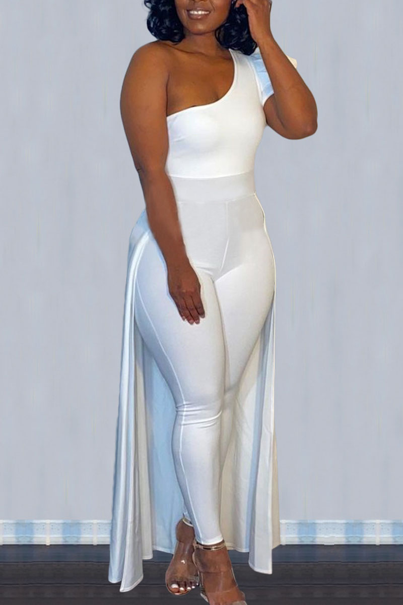 

White Casual Solid Patchwork Asymmetrical Oblique Collar Skinny Jumpsuits