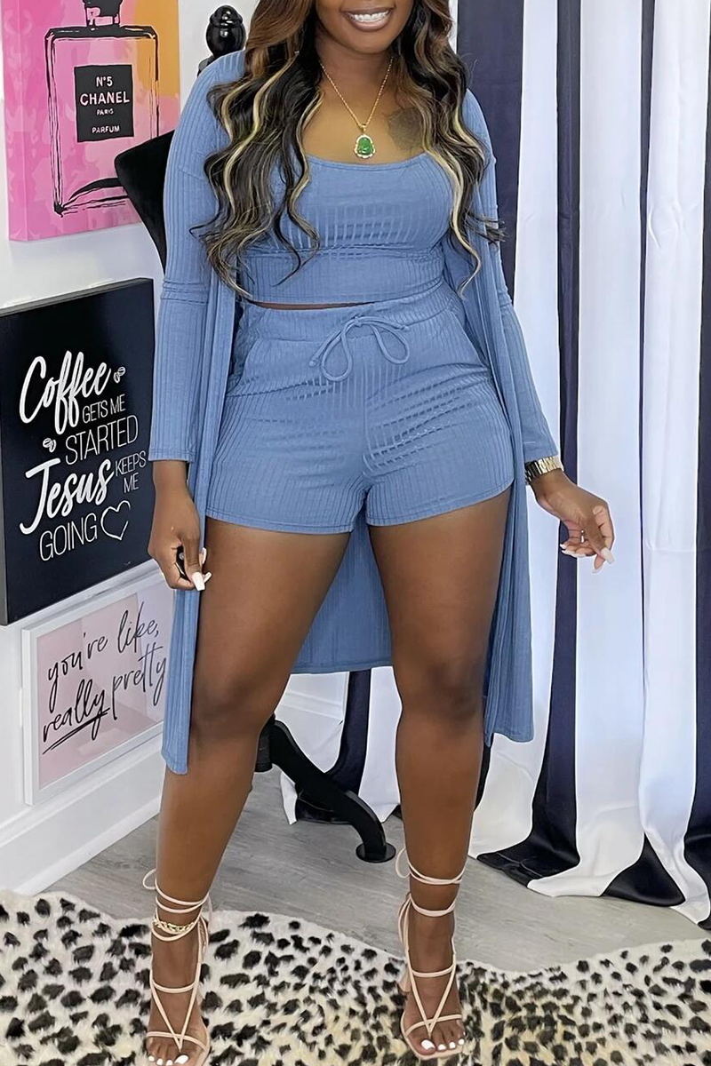 

Sky Blue Casual Solid Split Joint Spaghetti Strap Long Sleeve Three Pieces