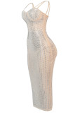 White Sexy Plus Size Hot Drilling Backless Spaghetti Strap Sleeveless Dress