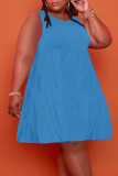 Blauw Casual effen patchwork O-hals A-lijn Grote maten jurken