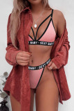 Grey Sexy Letter Print Hollowed Out Patchwork Swimwears