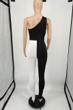Black Sexy Solid Patchwork One Shoulder Skinny Jumpsuits