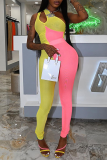 Pink Sexy Solid Patchwork One Shoulder Skinny Jumpsuits