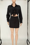 Black Sexy Solid Bandage Patchwork Buckle Turndown Collar Long Sleeve Two Pieces