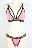 Pink Sexy Letter Print Hollowed Out Patchwork Swimwears