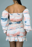 Gray Pink Sexy Print Patchwork Flounce Off the Shoulder Long Sleeve Two Pieces