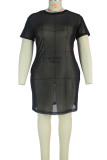 Black Sexy Solid Patchwork See-through O Neck Straight Plus Size Dresses