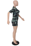 Green Sexy Camouflage Print Ripped O Neck Pencil Skirt Dresses
