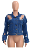 Blue Casual Solid Patchwork Turndown Collar Regular Cut Out Ripped Distressed Denim Jacket