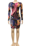 Rose Red Sexy Print Bandage Hollowed Out Patchwork O Neck Pencil Skirt Dresses