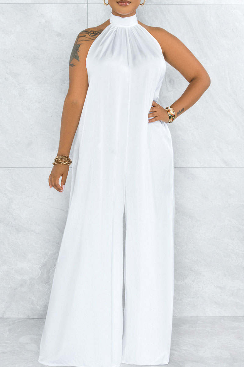 

White Elegant Solid Split Joint Backless Halter Loose Jumpsuits