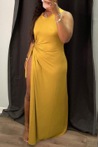 黄色のセクシーなソリッドハイオープニングOネックの不規則なドレスドレス