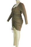 Beige Casual Solid Patchwork Frenulum Fold Strapless Pencil Skirt Plus Size Dresses