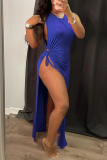Blue Sexy Solid High Opening O Neck Irregular Dress Dresses