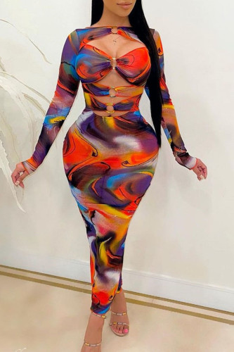 Vestidos de falda lápiz con cuello en O de patchwork ahuecados con estampado sexy multicolor