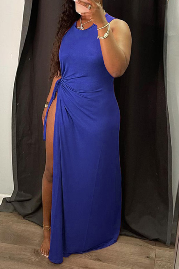 Синее сексуальное однотонное платье с высоким вырезом и круглым вырезом