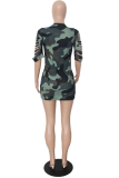 Green Sexy Camouflage Print Ripped O Neck Pencil Skirt Dresses
